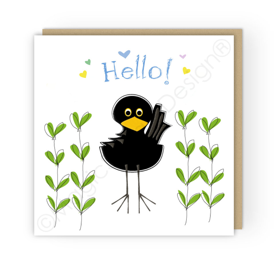 Blackbird 'Hello' Hearts Greetings Card