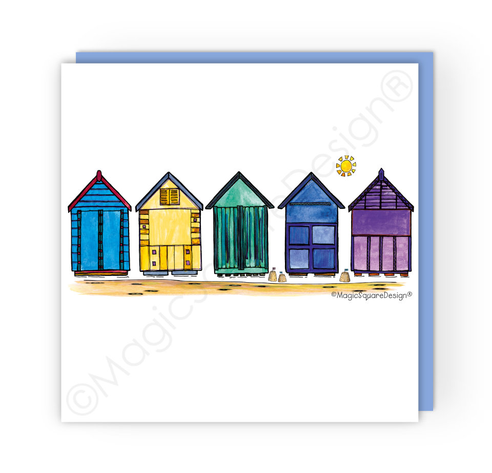 Blue Beach Huts Greeting Card