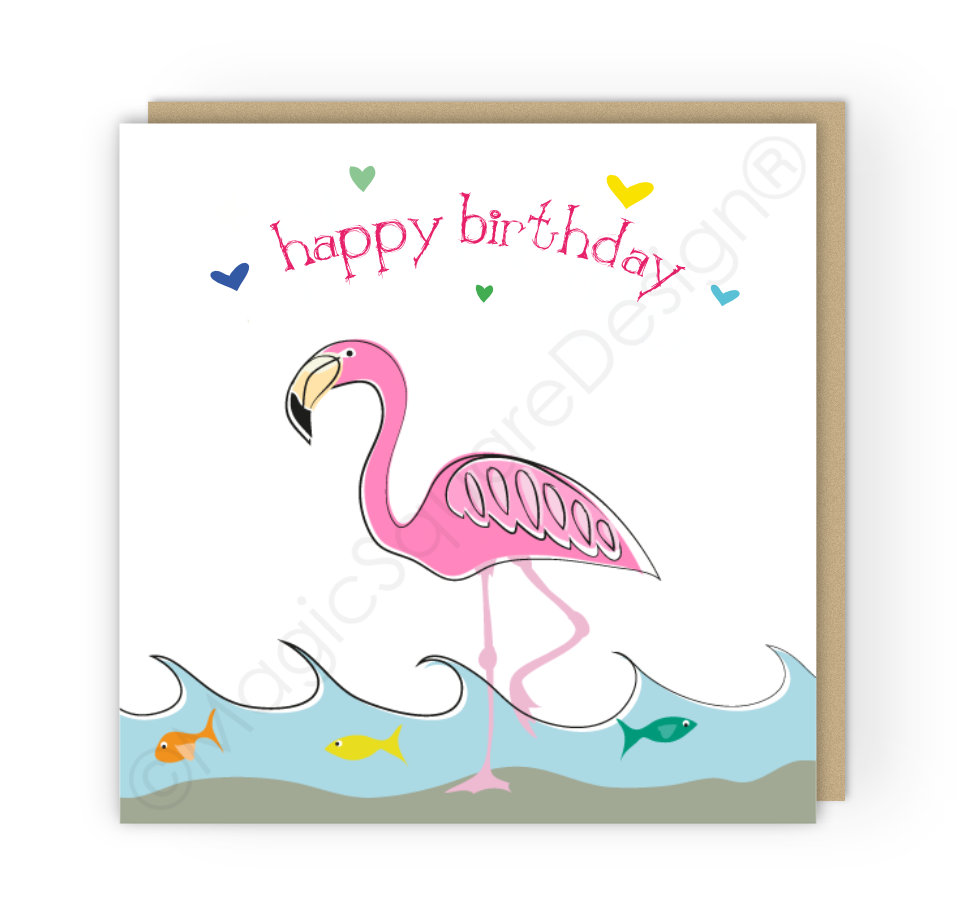 Flamingo Happy Birthday Hearts Greetings Card