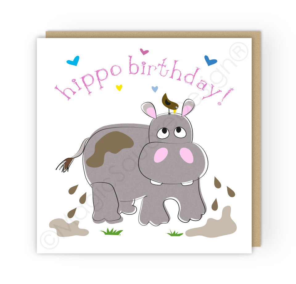 Hippo Birthday Hearts Greetings Card