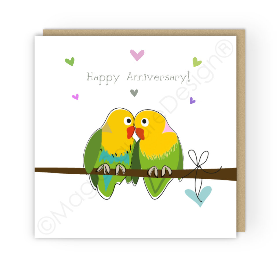 Lovebirds Grey Happy Anniversary Greetings Card