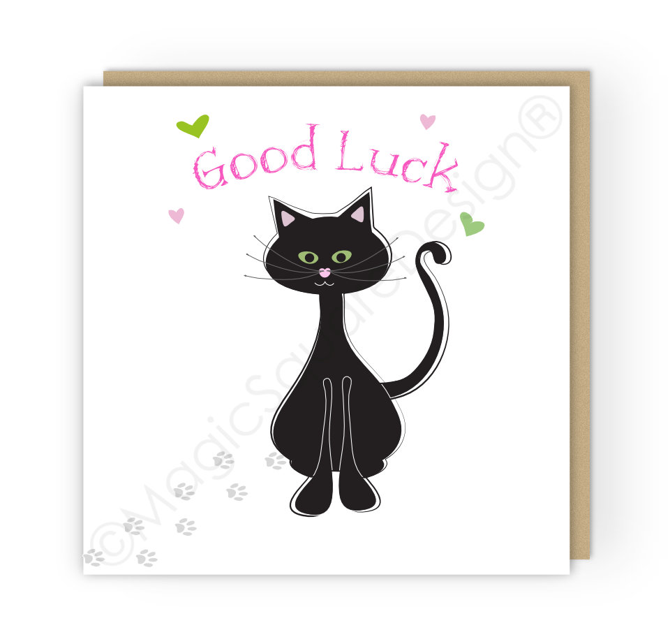 Black Cat Good Luck Hearts Greetings Card