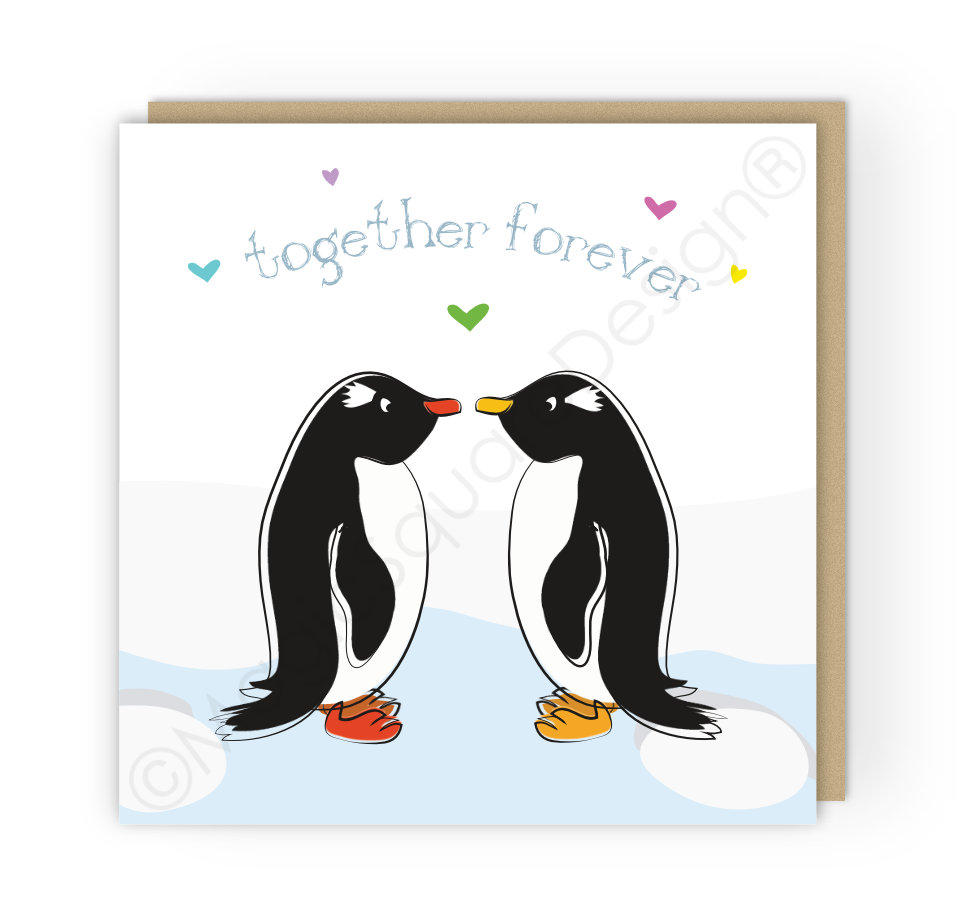 Penguins Together Forever Hearts Greetings Card