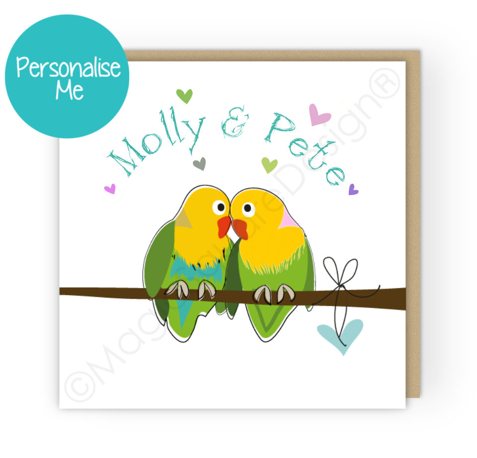 Personalised Lovebirds Teal Hearts Greetings Card